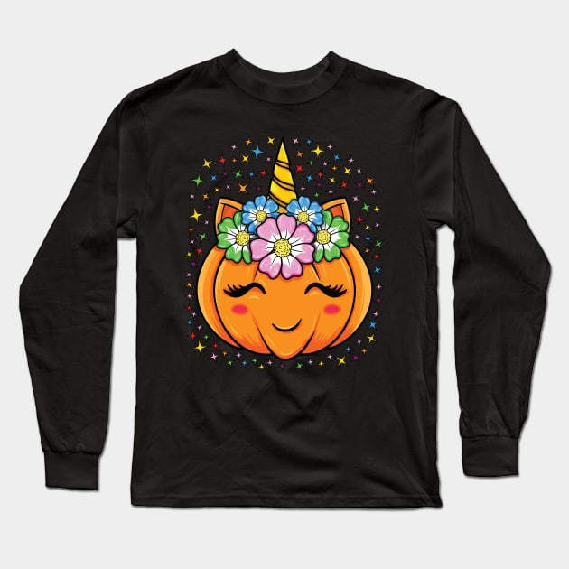 Unicorn Pumpkin Halloween Cute Thanksgiving Girls Party Gift Long Sleeve T-Shirt by silentsoularts